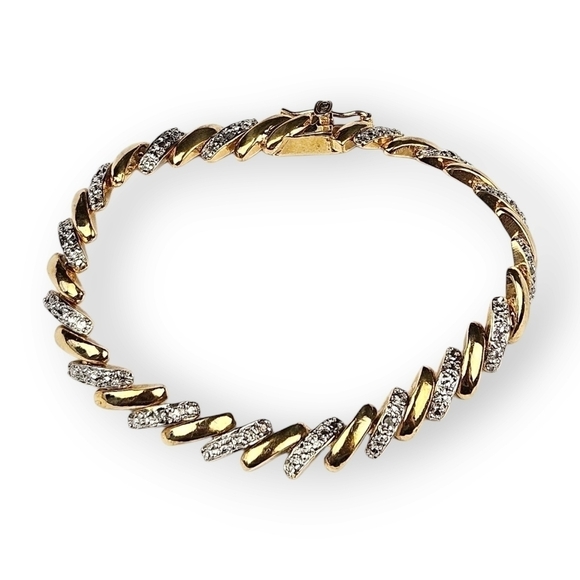 Diamond Sterling Gold Plated Tennis Bracelet Two Tone Chain 925 Silver FAS 7" - Picture 1 of 9